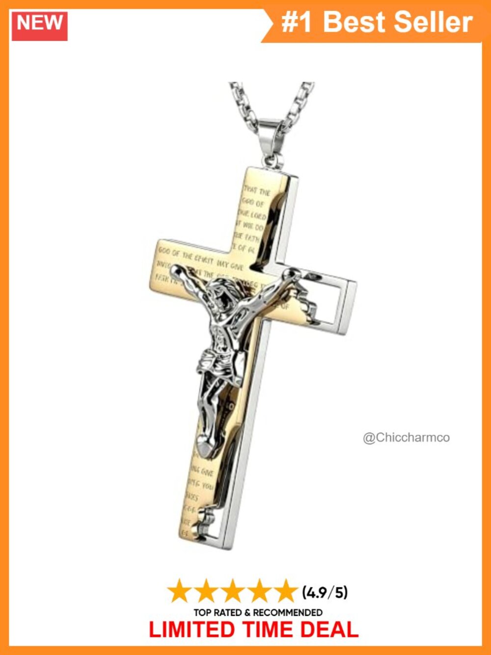 Men's Stainless Steel Cross Crucifix Necklace 24 Inch Box Chain Christian